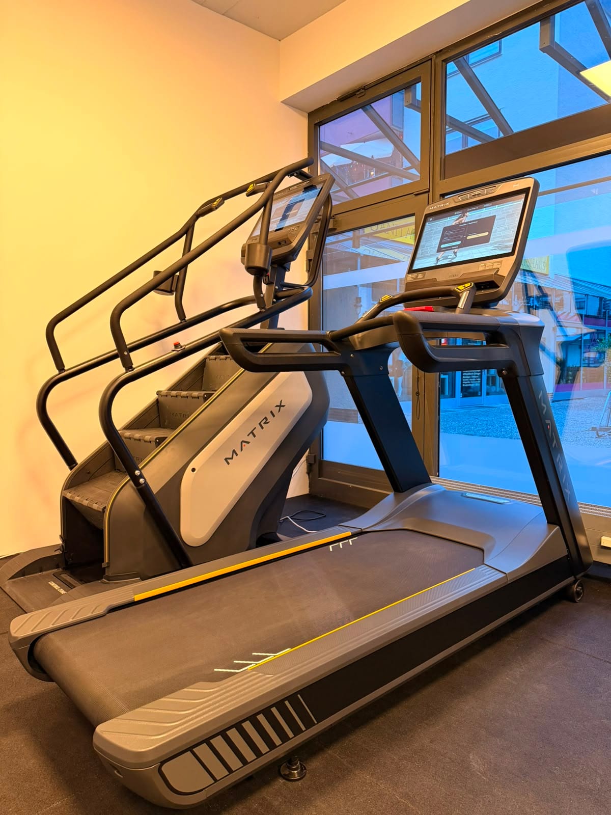 Matrix-Laufband und Matrix-Stairmaster mit Touchscreens vor der Fensterfront